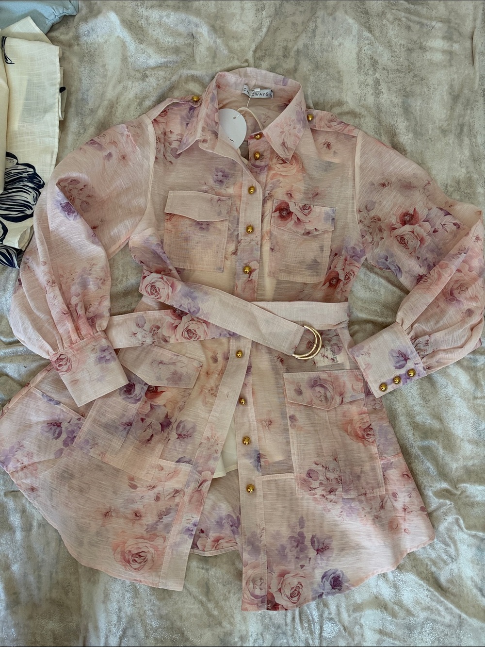 Sheer Floral Belted Shirt Dress - Pink - Unbranded